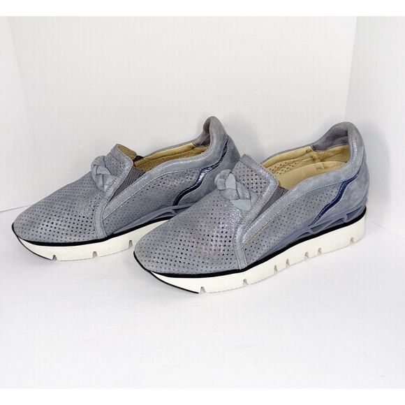 Softwaves Suede Platform Sneaker Loafer Dusty Blue Metallic Perforated 37/6.5 - Picture 1 of 16